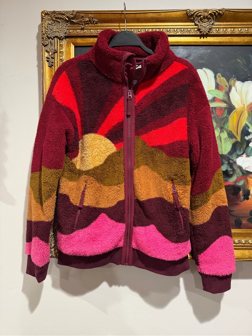 Faherty Colorblock Sherpa Jacket in Burgundy, Pink, Gold, Brown - Picture 2 of 5
